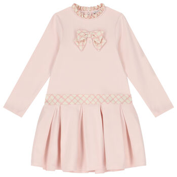 Girls Pink Check Bow Dress