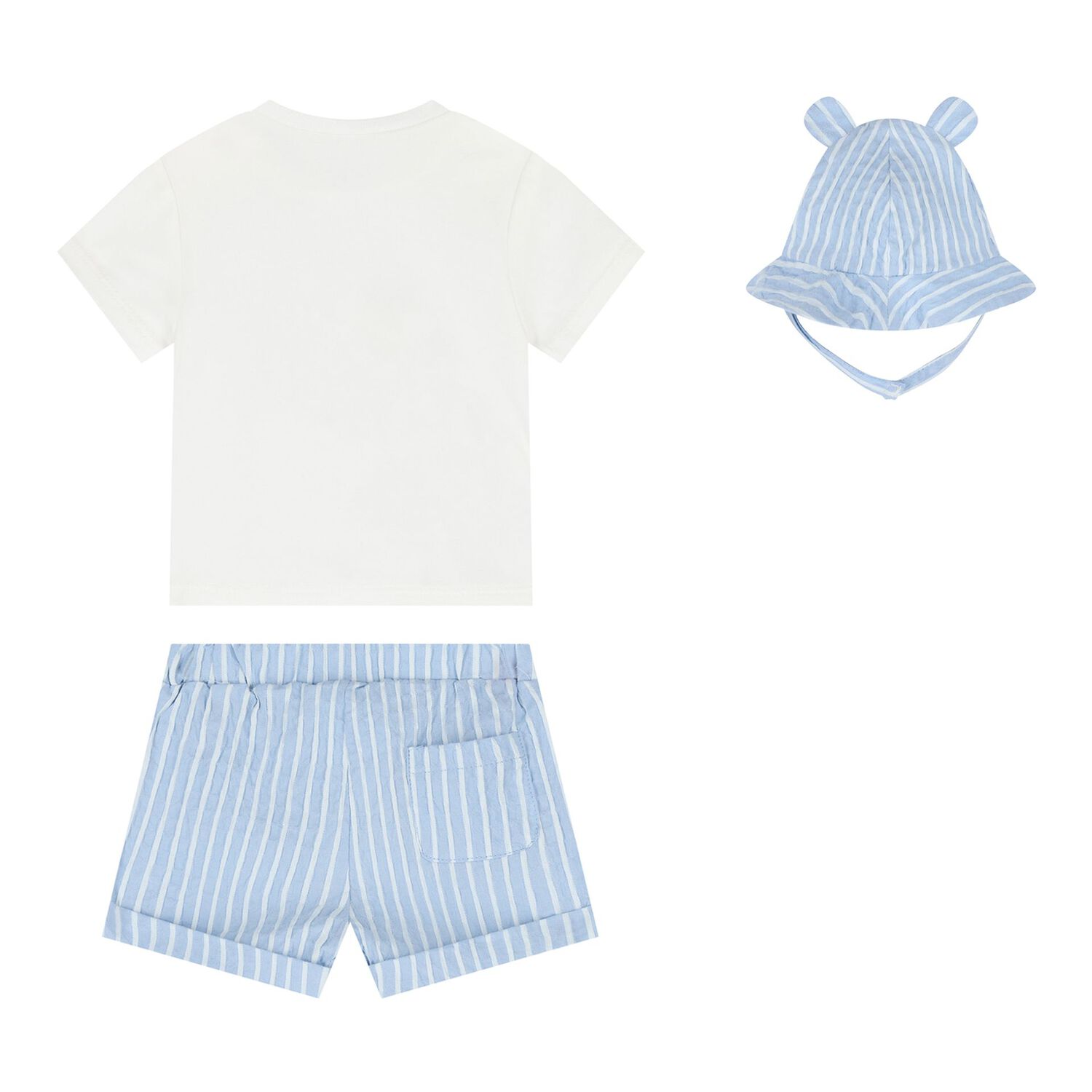 Baby Boys White & Blue  Striped Shorts & Hat Set , 1, hi-res