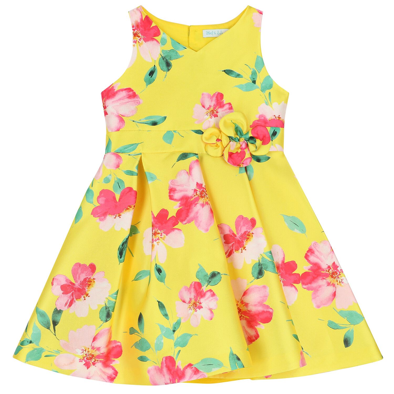 Girls Yellow Floral Satin Dress, 1, hi-res