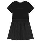 Mini Me Girls Black Logo Rhinestone Dress, 1, hi-res