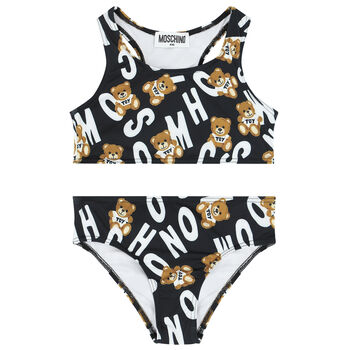 Girls Black Teddy Bear Logo Bikini