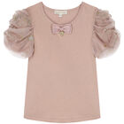 Girls Pink Tulle Sleeve T-Shirt, 1, hi-res