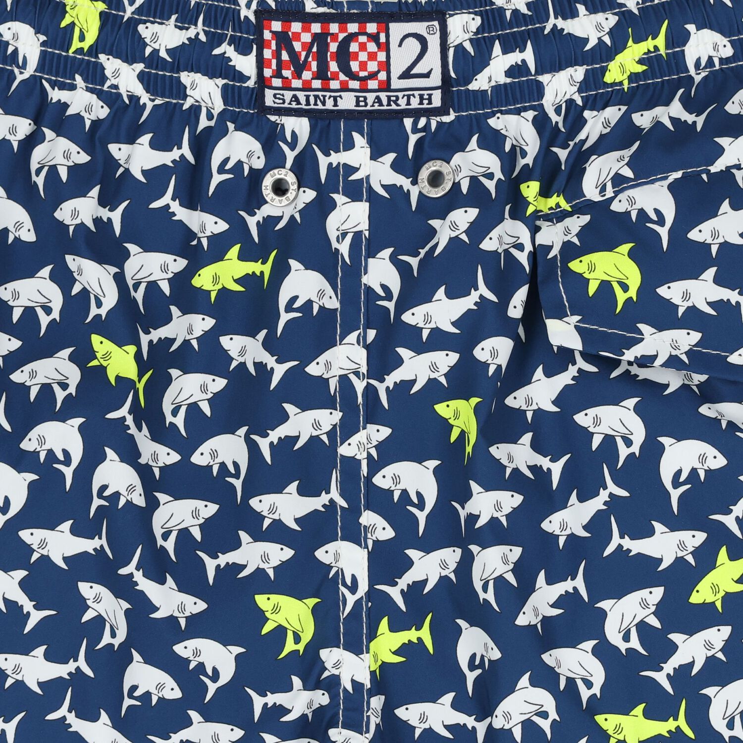 Boys Navy Blue Sharks Swim Shorts, 1, hi-res