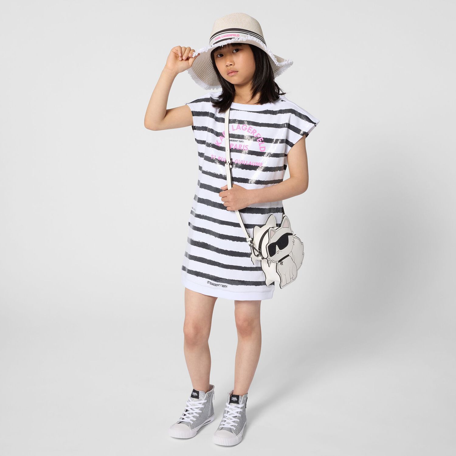 Girls White & Black Striped Dress, 1, hi-res