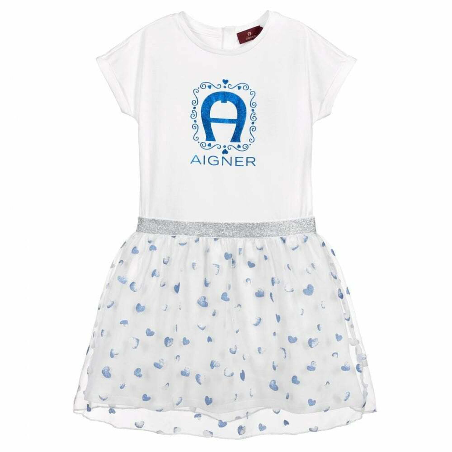 Girls White & Blue Logo Dress, 1, hi-res