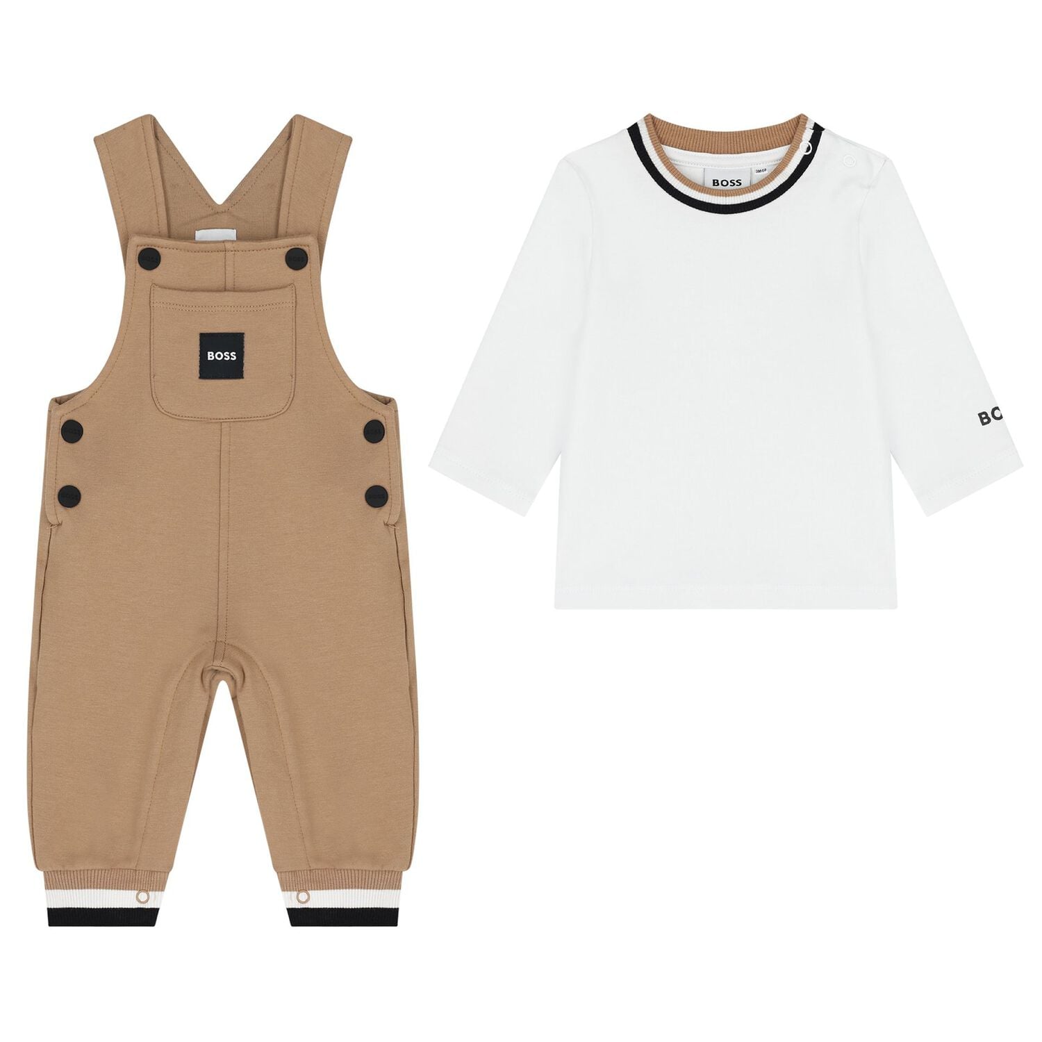 Baby Boys Beige & White Logo Dungaree Gift Set, 1, hi-res