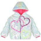 Girls Silver Iridescent Heart Puffer Jacket, 1, hi-res