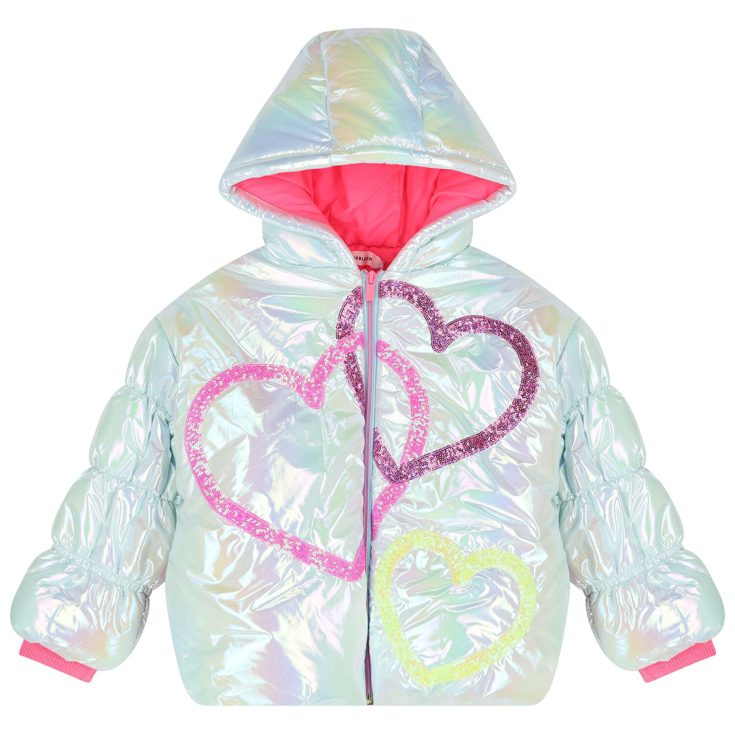 Girls Silver Iridescent Heart Puffer Jacket, 1, hi-res