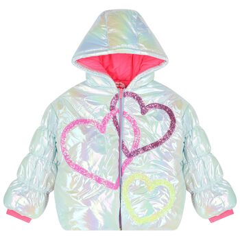 Girls Silver Iridescent Heart Puffer Jacket