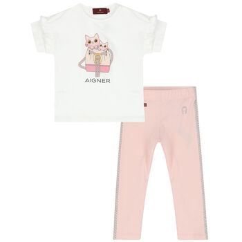 Younger Girls White & Pink Logo Legging Set