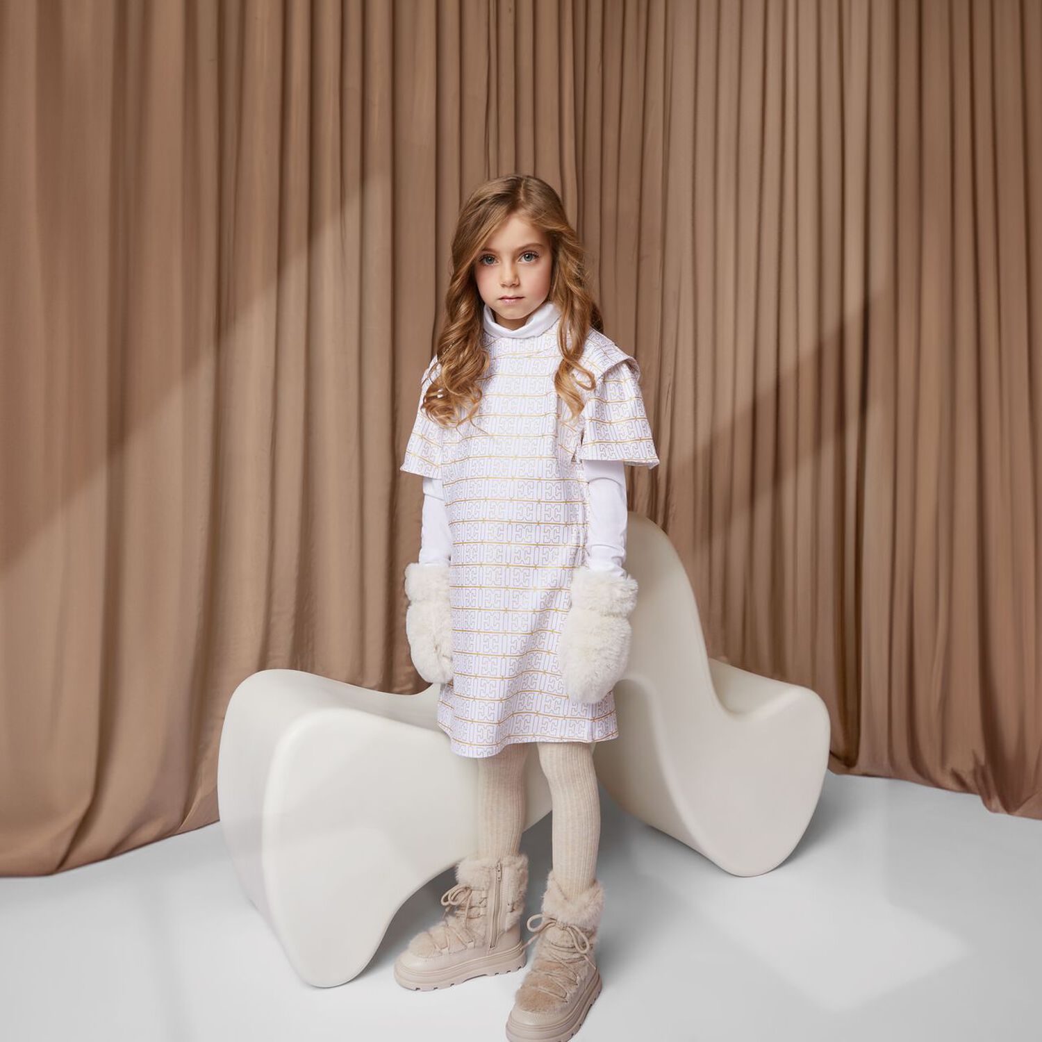 Girls Ivory & Gold Logo Dress, 1, hi-res