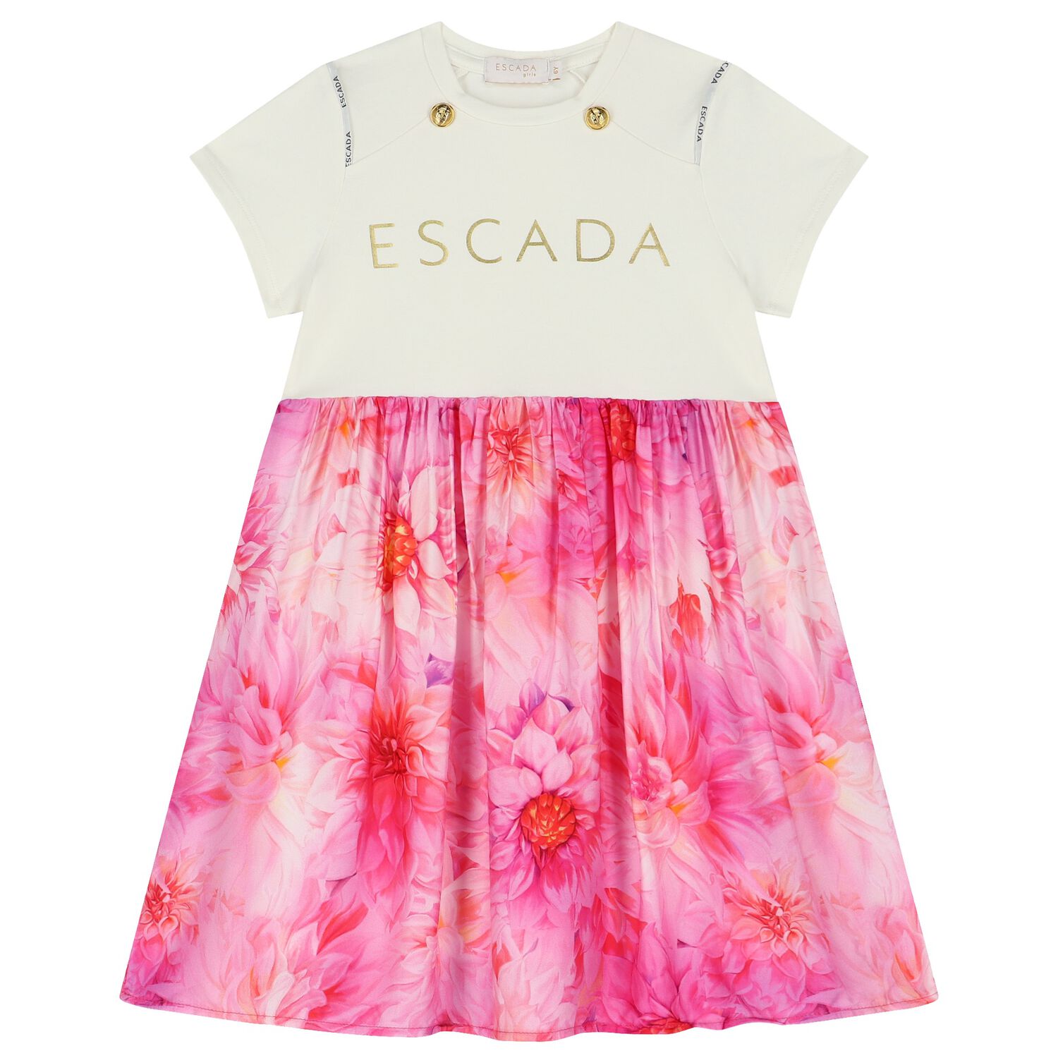 Girls Ivory & Pink Logo Floral Dress, 1, hi-res