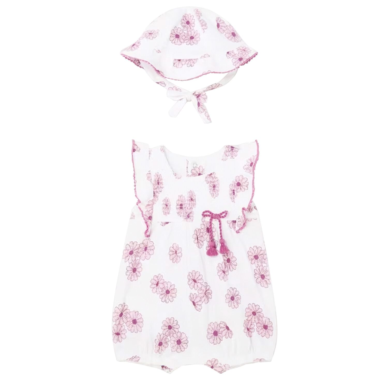 Baby Girls White Floral Romper & Hat Set, 1, hi-res image number null