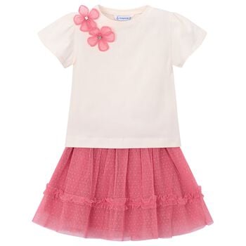 Girls Ivory & Pink Floral Tulle Skirt Set