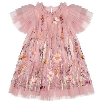 Girls Pink Floral Sequin Tulle Heather Dress