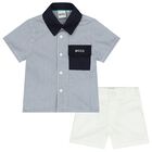 Baby Boys White & Blue Logo Shorts Set, 1, hi-res