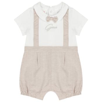 Baby Boys White & Beige Logo Romper