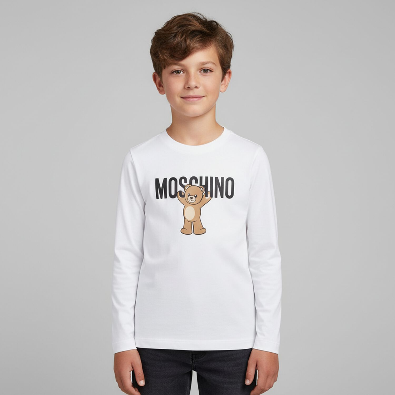 White Teddy Bear Logo Long Sleeve Top, 1, hi-res