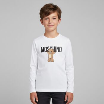 White Teddy Bear Logo Long Sleeve Top