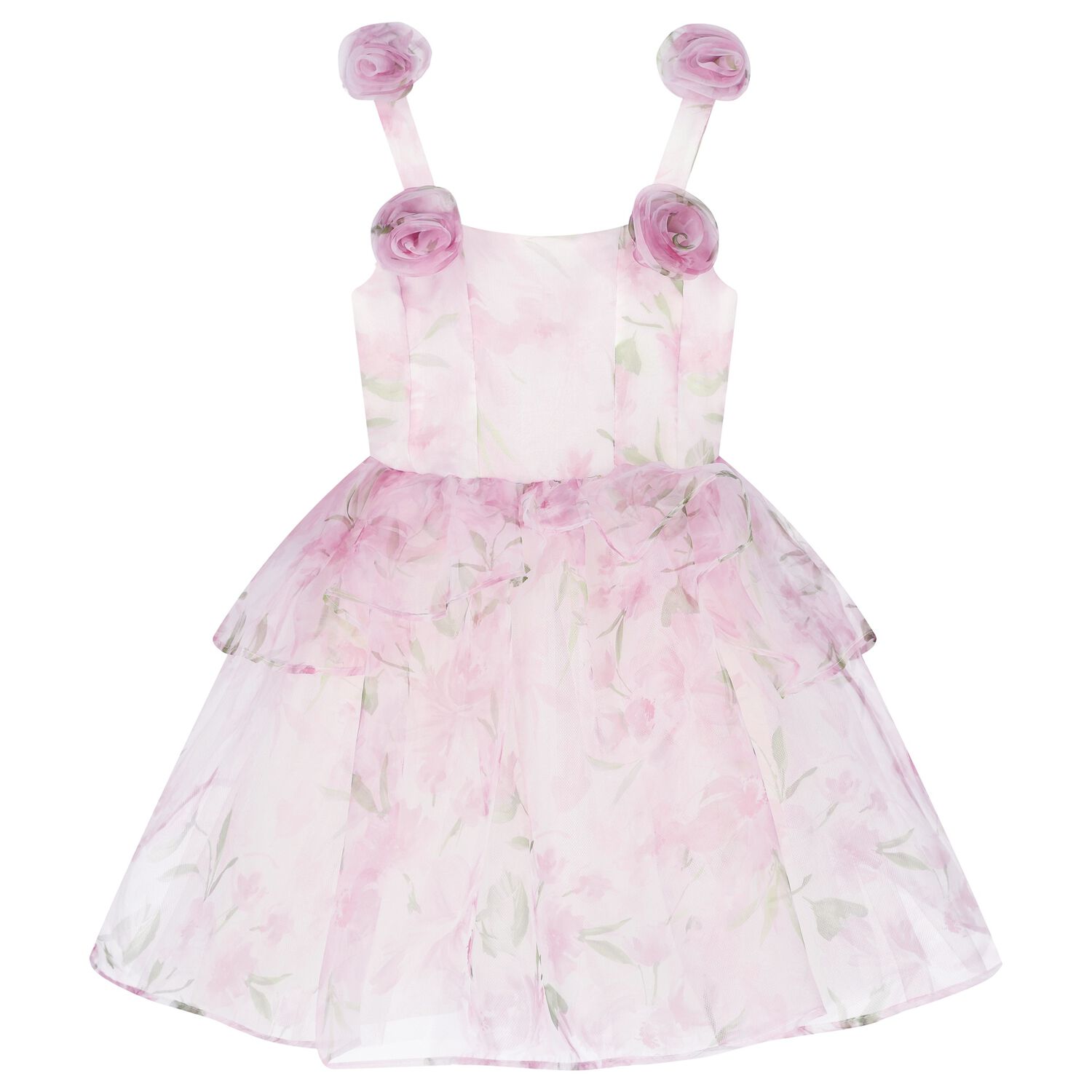 Girls Pink Foral Flared Dress, 1, hi-res