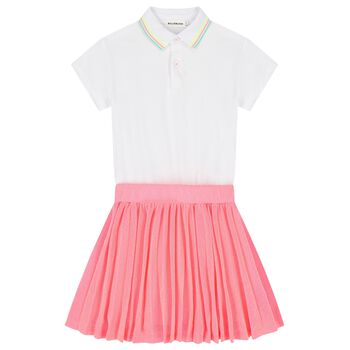 Girls White & Neon Pink Pleated Dress