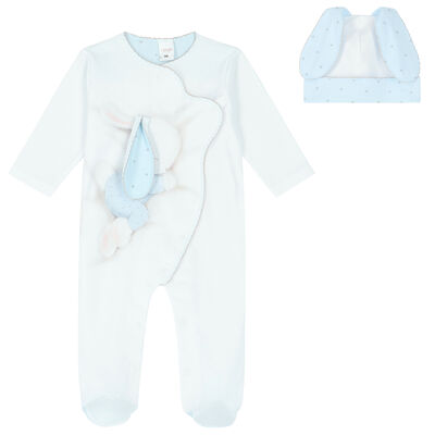 Baby Boys White & Blue Bunny Babygrow Set
