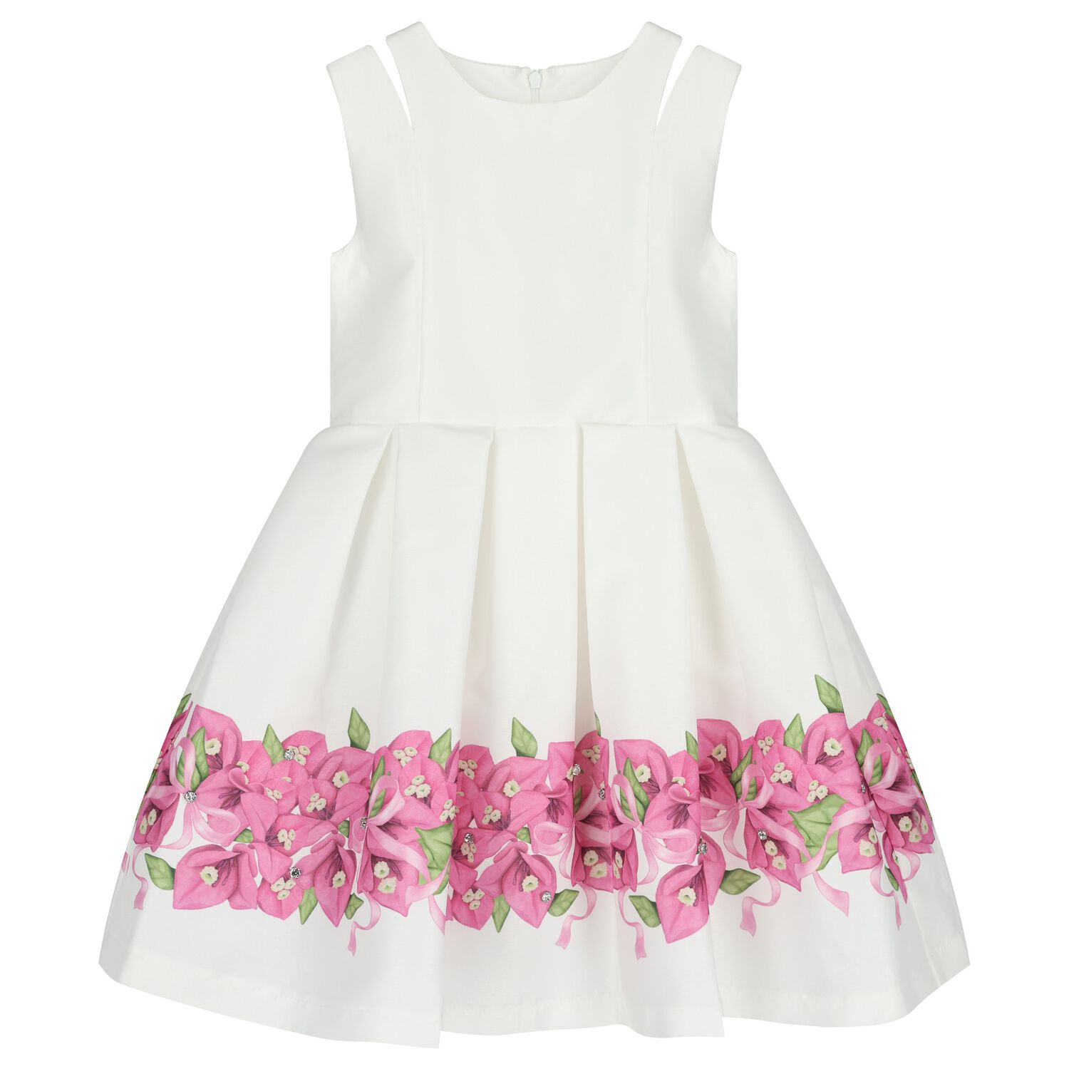 Girls White Floral Pleated Dress, 1, hi-res