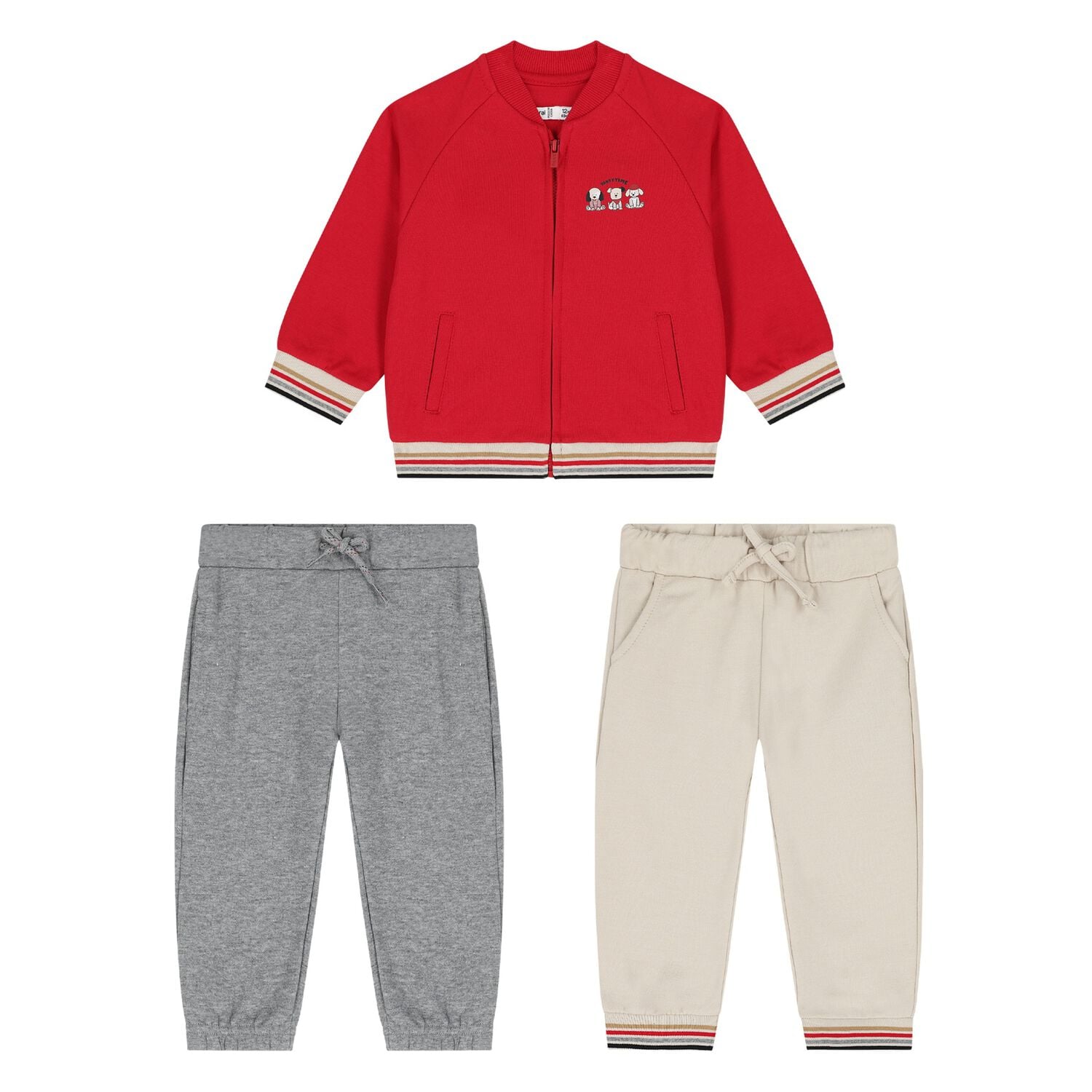 Younger Boys Red, Grey & Beige Puppy Tracksuit Set ( 3 Piece ), 1, hi-res
