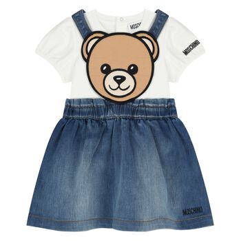 Younger Girls White & Blue Teddy Bear Skirt Set
