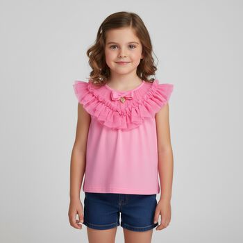 توب بنات بطيات باللون الزهري