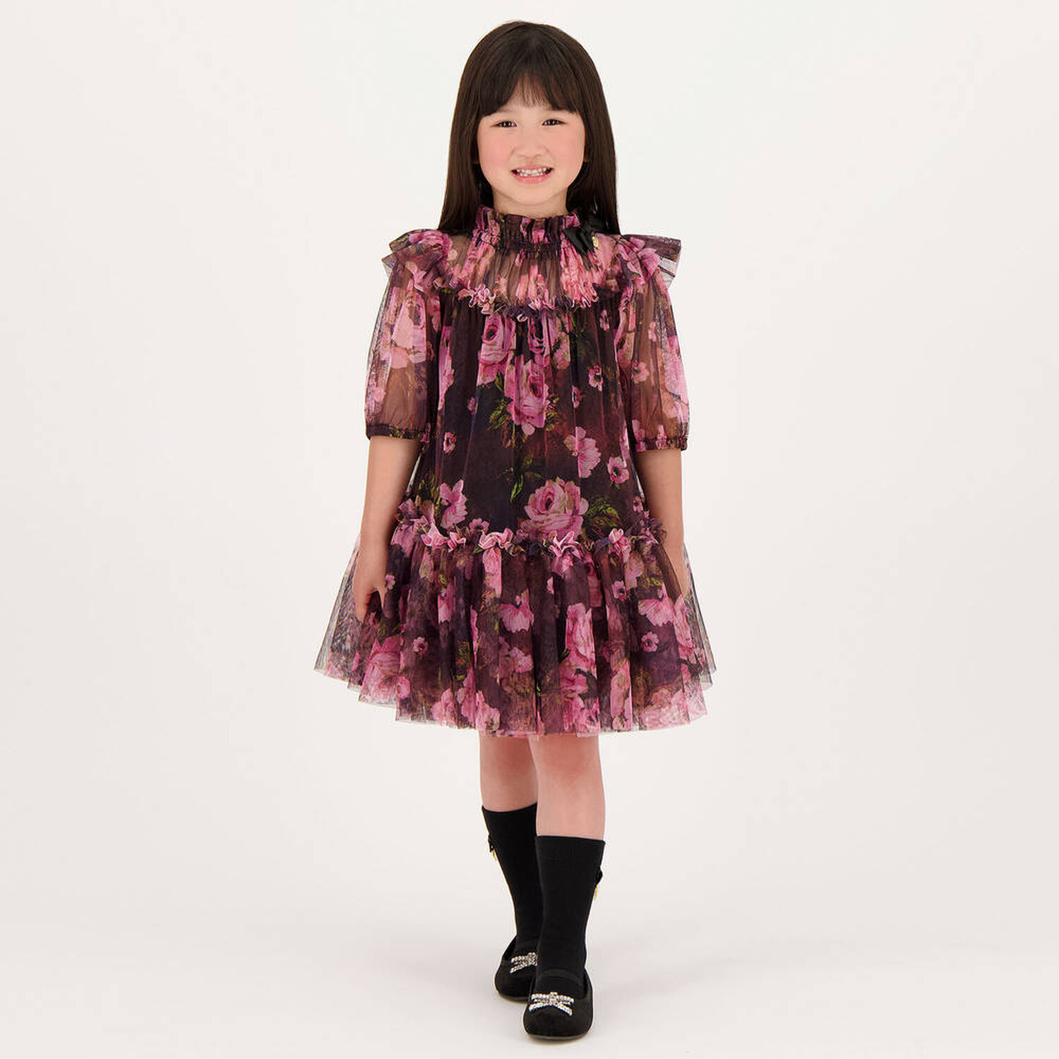 Girls Black Floral Tulle Dress, 1, hi-res