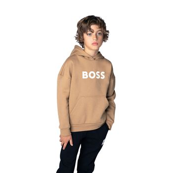 Boys Beige Logo Hooded Top