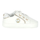 White & Gold Logo Baby Trainers, 1, hi-res