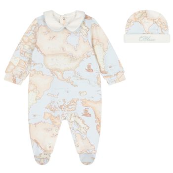 Baby Boys Ivory, Blue & Beige Geo Map Babygrow Set