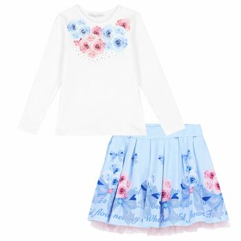 Girls White & Blue Floral Skirt Set