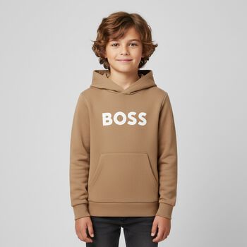 Boys Beige Logo Hooded Top