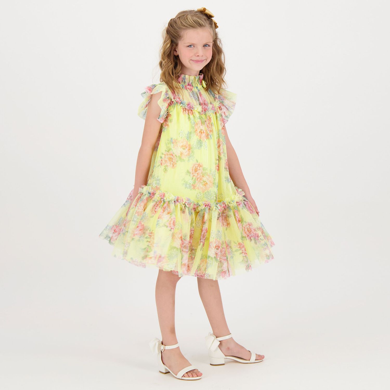 Girls Yellow Floral Tulle Dress, 5, hi-res