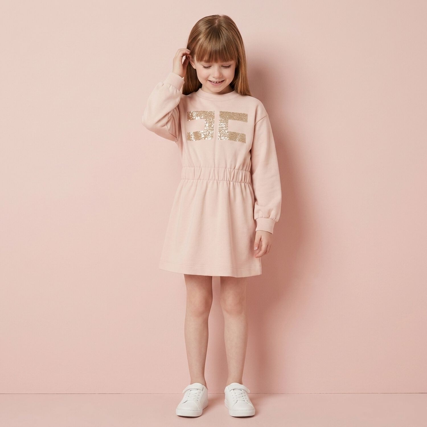 Girls Pink Logo Long Sleeve Dress, 1, hi-res