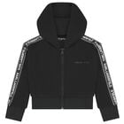 بلوزة سوداء بغطاء رأس وسحاب بشعار للبنات, 1, hi-res