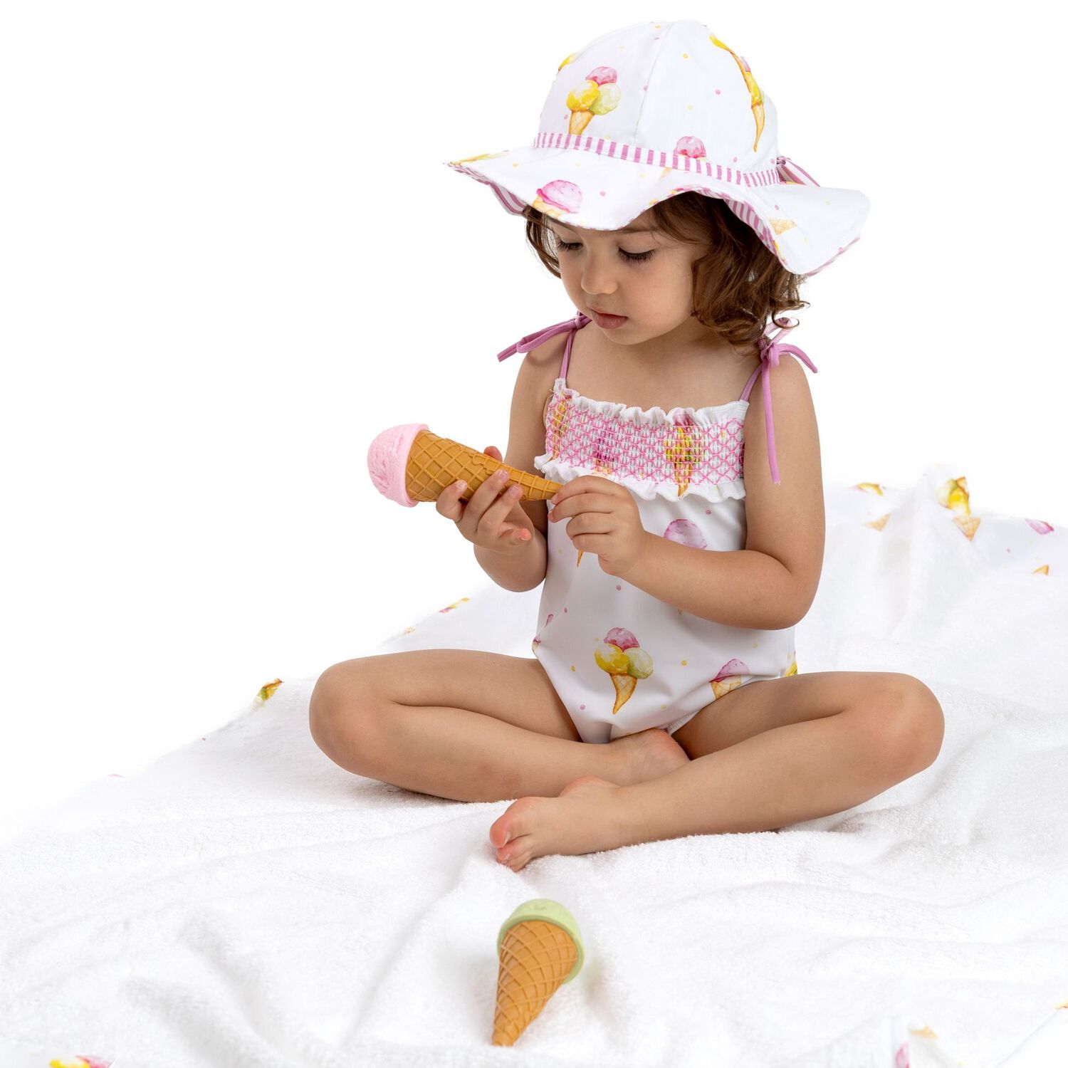 مايوه بنات بطبعة ايس كريم باللون الأبيض, 1, hi-res