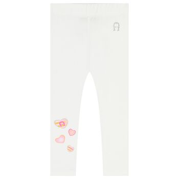 Younger Girls White Hearts Leggings