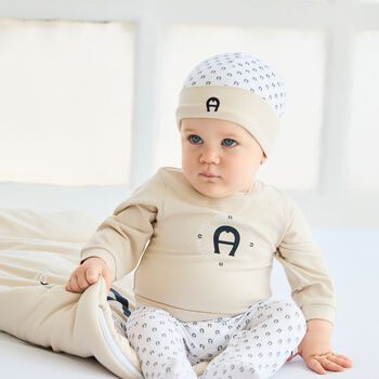 Baby Boys Beige & White Logo Babygrow