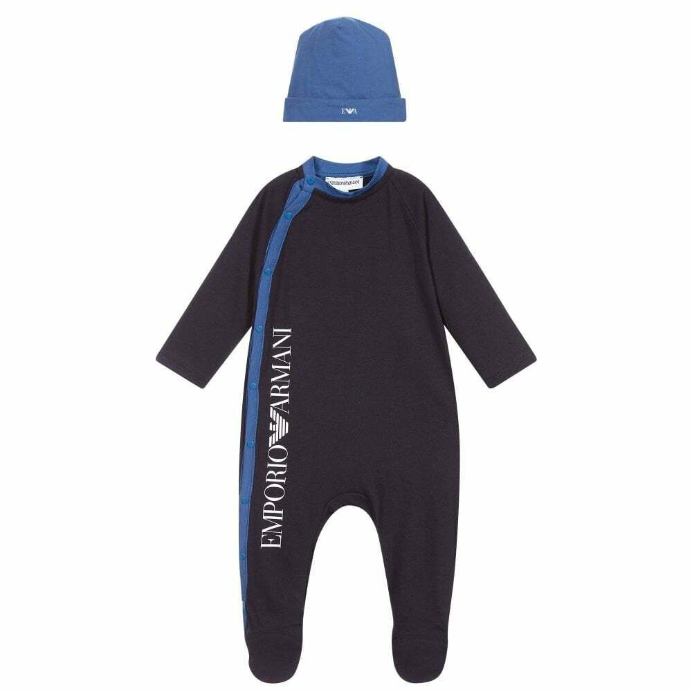 Emporio Armani Baby Boys Black Blue Babygrow Hat Set Junior Couture UAE