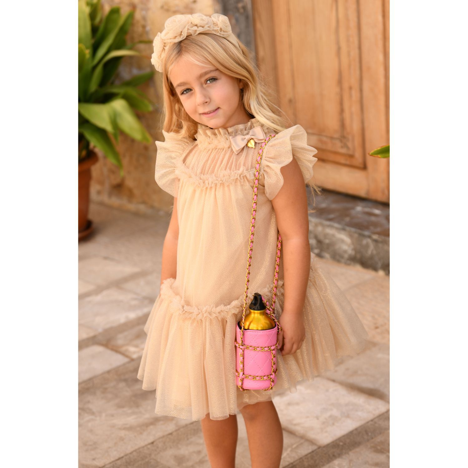 Girls Gold Glitter Ruffle Dress, 3, hi-res image number null