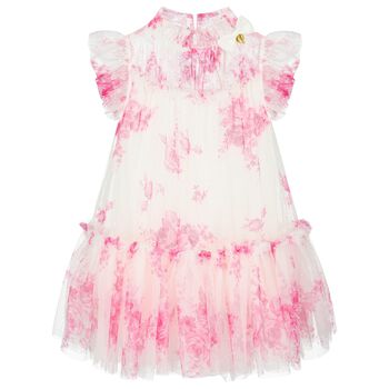 Girls White & Pink Rose Tulle Dress