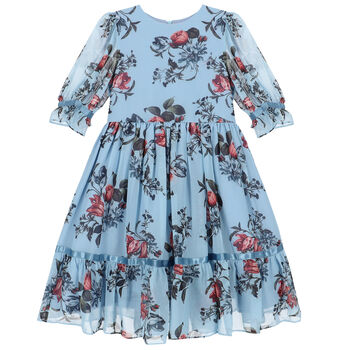 Girls Blue Floral Chiffon Dress