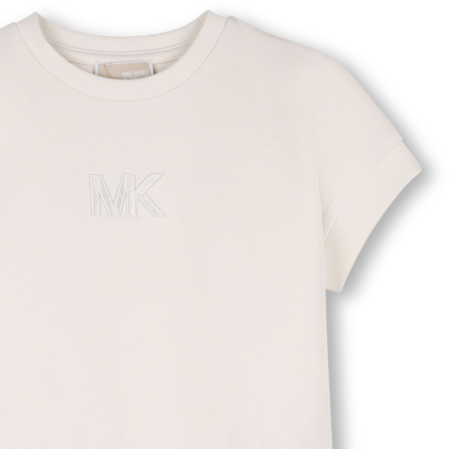 فستان بنات بطيات بالشعار باللون البيج , 1, hi-res