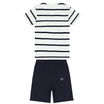 Boys White & Navy Striped Shorts Set