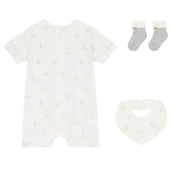 White Baby Romper, Bib & Socks Set