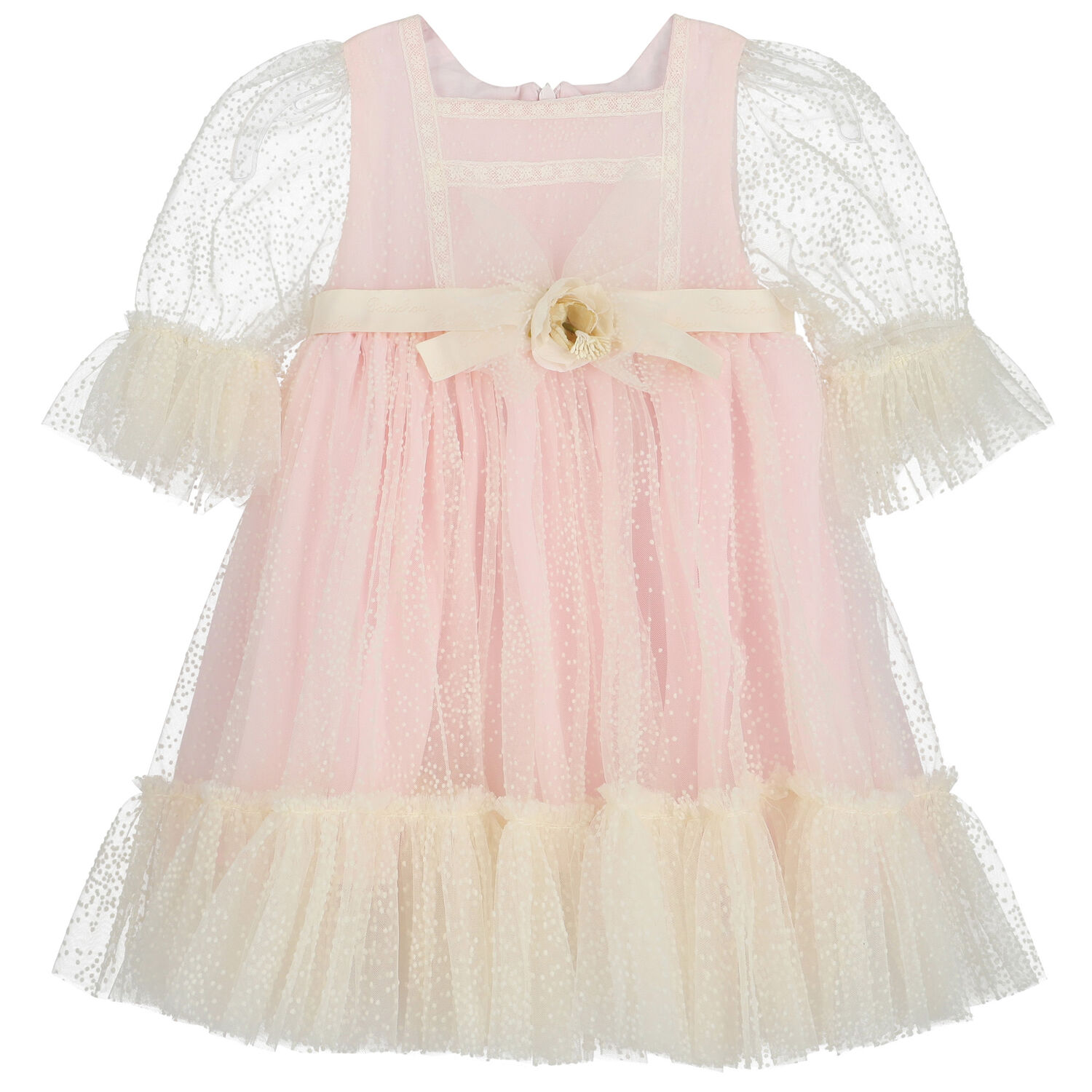 Younger Girls Ivory & Pink Tulle Dress, 1, hi-res